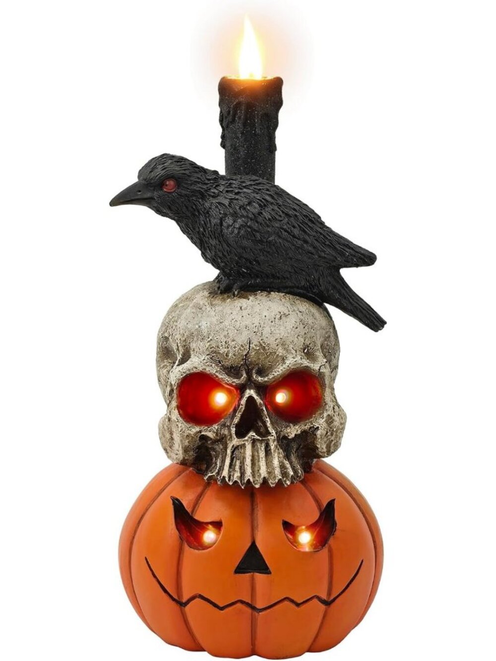 13-Inch Halloween Resin Skull Crow Pumpkin Decor, Spooky Red LED Lights Tabletop